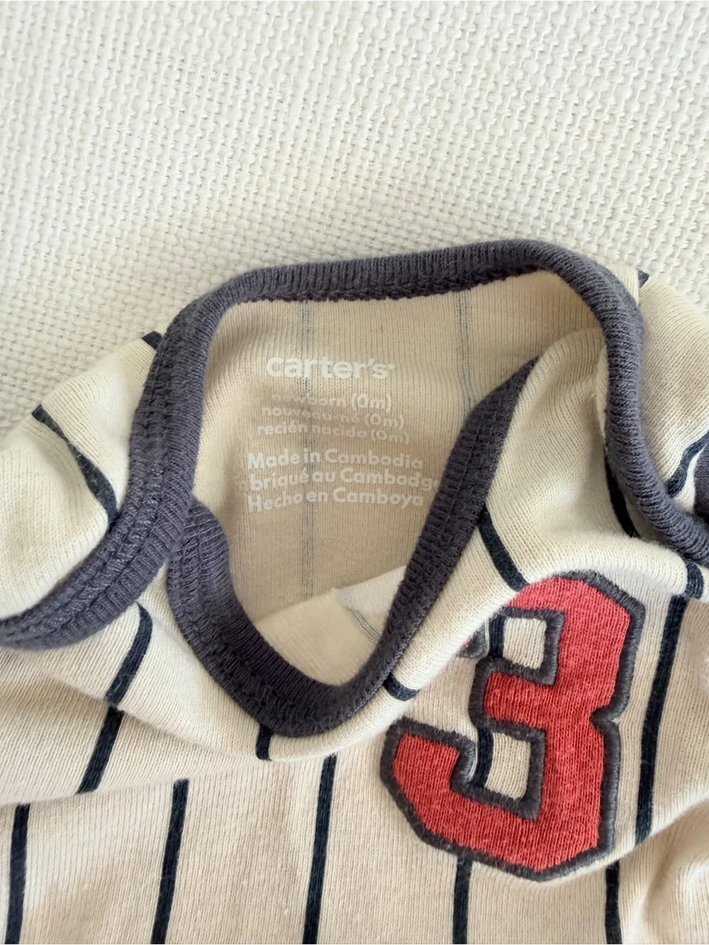 Striped Number 3 Long-Sleeve Onesie in Navy and Cream newborn